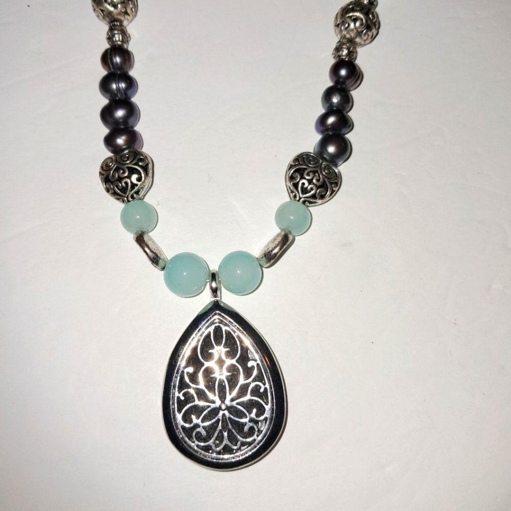 Brighton Teardrop Filgree Pendant Heart and Blue Glass Beads
